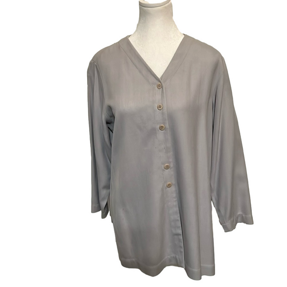 EILEEN FISHER Women’s 100% Silk Button up long sleeve Grey size 8 Blouse/ Shirt - Picture 1 of 7